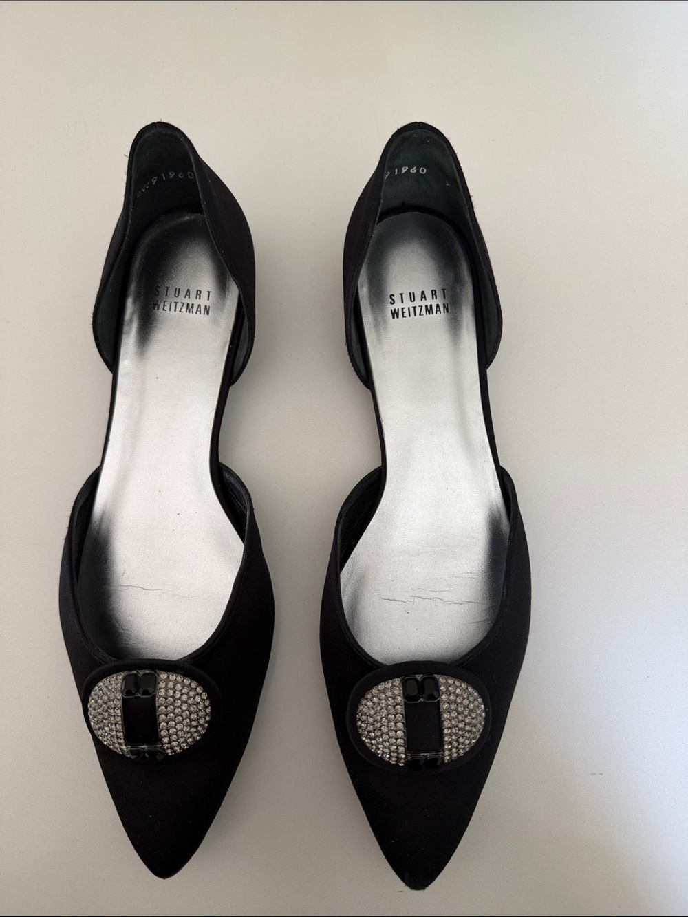 Stuart Weitzman Black Pointed D'Orsay Flats with Crystal Buckle